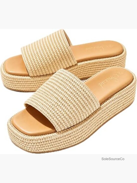 Shoes - Platform Raffia Sandals, Woven Slip On Straw Sandals for Women, Summer Beach
